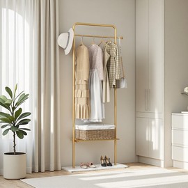 KaKaBB Gold Clothing Rack with Shelves, Coat Racks Freestanding with Marble Base, Clothing Rack for Hanging Clothes, Gold Garment Rack for Boutiques, Bedroom (2 tier, 31.5")