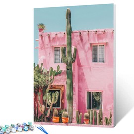 Tucocoo Pink House with Cacti Paint by Numbers Kits 16x20 inch Canvas, DIY Oil Painting for Adults with Brushes and Acrylic Pigment, Cactus Plant Vintage Style Picture for Home Decor (Without Frame)