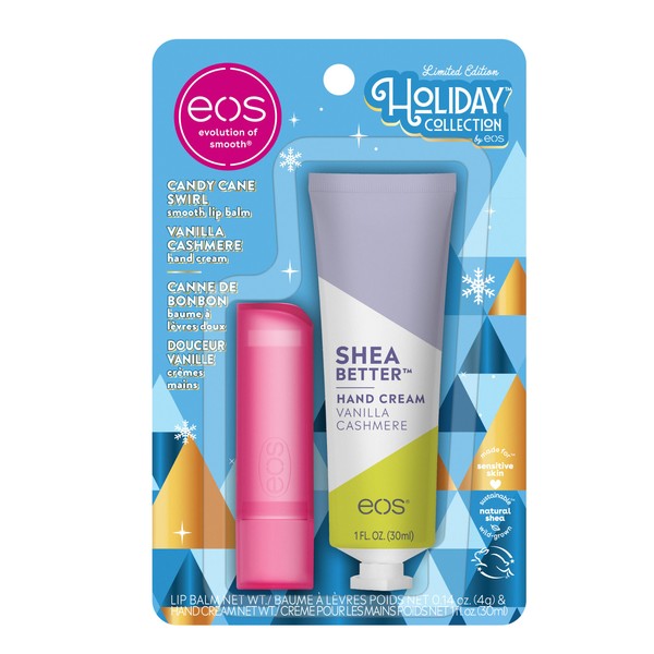 eos Holiday Skin Care Set- Vanilla Cashmere Travel Hand Cream & Candy Cane Swirl Lip Balm, Stocking Stuffers, 1 fl oz Hand Cream + 0.14 oz Lip Balm, 2-Pack