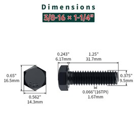 3/8-16 x 1-1/4" Hex Bolts with Nuts and Washers (10 Sets), 18-8 (304) Stainless Steel, External Hex Drive, Black Oxide Coated Hexagon Head Bolts Screws, Fayeploo