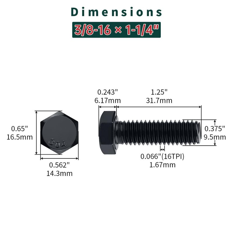3/8-16 x 1-1/4" Hex Bolts with Nuts and Washers (10