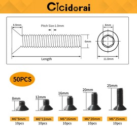 Cicidorai M6 x 8mm 12mm 16mm 20mm 25mm Flat Head Hex Socket Cap Screws Countersunk Bolts, 10.9 Grade Alloy Steel, Black Oxide Finish, Fully Threaded, Metric Allen Hex Drive, Assortment Kit 50Pcs