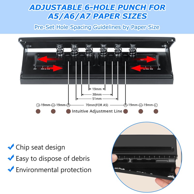 Adjustable 6 Hole Hole Punch, Metal Hole Punch Binder Puncher,