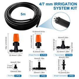 VooGenzek 30 PCS 4/7 mm Irrigation System Kit, 5m Irrigation Hose, DIY Auto Drip Irrigation Kit, with Straight-Through Joints, Barbed Tees Connector, End Plug, for Lawn, Patio, Landscape
