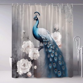ZZYSKS Peacock Shower Curtain Blue Beautiful Bird Asian Animals Peacock Feather Chinese Style Vintage Machine Washable Fabric Bathroom Decor Set with Hooks 70Wx70H Inch