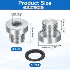 sourcing map 4Pcs G1/8x28 Inner Hex Head Pipe Fitting Plug, Universal Carbon Steel Thread Socket Plug with Black O-Ring for Terminate Pipe Ends or Replacement Drains