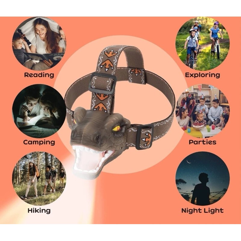 BuDaWaFa Kids LED Headlamp Flashlight Dinosaur Led Head Torch for