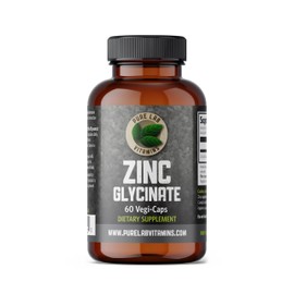 Zinc Glycinate 23 mg Supplement - 60 Vegan Caps by Pure Lab Vitamins - Amino Acid Salt for Healthy Skin & Nails - Supports The Immune System, Prostate, Vision - Made in Canada
