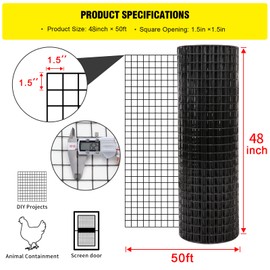 48'' x 50' 1.5inch Hardware Cloth 16 Gauge Black Vinyl Coated Welded Fence Mesh for Home and Garden Fence and Home Improvement Project