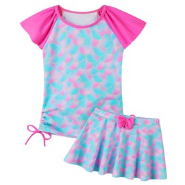 BAOHULU Girls Rash Guard 2 Pieces Bathing Suit UPF50+ Swimsuit with Swimming Skirt Swimwear S481_CyanPinkScale_4A