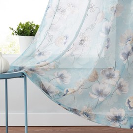 Melodieux Teal Flower Embroidery Gold Thread Print Sheer Curtain for Living Room, Bedroom, Farmhouse Rod Pocket Drape, 52 by 84 Inch(2 Panels)