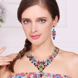 EVER FAITH Austrian Crystal Enamel Flower Cluster Drop Necklace Earrings Set Multicolor Gold-Tone