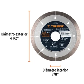 Truper DID-545, Disco de diamante de 4-1/2" x 1.3 mm corte de porcelanato