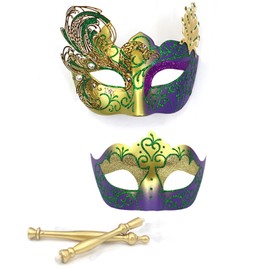 Gliquran His and Hers Mardi Gras Mask for Couples with Stick Rhinestone Metal Filigree Venetian Couple Masquerade Mask for Men Women