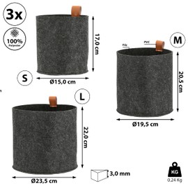 Felt Basket Set of 3 Storage Baskets Dark Grey S: Diameter 15 x 17 cm; M: Diameter 19.5 x 20.5 cm; L: Diameter 23 x 22 cm Felt PVC Loop | Handle Basket Basket Organiser Basket (1 x Set of 3 Felt