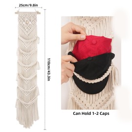 KaloKalo Macrame Cap Holder Boho Hat Hangers Over Door Ball Cap Rack Organizer Decorative Bohemian Handmade Woven Wall Hanging for Baseball Cap Display Decoration (Ivory, Up to 12 Caps)