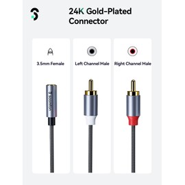 SOOMFON RCA to 3.5mm Audio Cable Red and White 2RCA to 3.5mm Jack Female Phono Leads High Durability Nylon Braided Gold-Plated Plug Stereo Audio Cable for Hi-Fi Speaker Car Home Theater