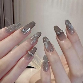 FINGOOO Short Nail Tips, 24 Pieces with Double-Sided Tape, Short, Fake Nails, Round Tip, Gel Nails, Cute, Fake Nails, Coming-of-Age Ceremony, Spring, Summer, Autumn, Winter, Japanese Style (Brown