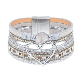 GZJINYUAN Heart Leather Wrap Bracelet, Boho Layered Cuff Bangles with Strong Clasp, Rhinestone Multilayer Stackable Bracelets for Women Girls Gift (Silver), One Size, Faux Leather, no gemstone