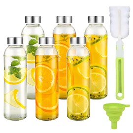 6 Pack Glass Juice Bottles with Caps, 18 oz Clear Glass Bottles, BPA Free Reusable Refillable Bottles for Juicing, Stainless Steel Lid, Leak-Proof, Transparent