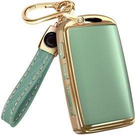 Lucrum for Mazda CX5 Key Fob Cover and Leather Keychain - TPU Key Case for Mazda 3, 6, CX-5, CX-9, CX-30, CX-50, CX-70-2019-2025 Keyfob Cover Compatible with WAZSKE11D0 - Green and Gold
