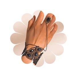 Allereya Vintage Punk Lace Finger Ring Bracelet Black Crystal Slave Bracelet Hollow Lace Bracelet Layered Oval Gemstone Crystal Hand Harness Jewelry for Women and Girls (Style 2), Crystal