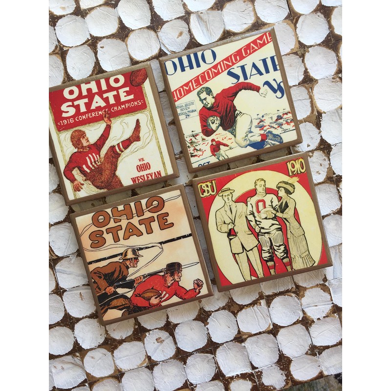 Ohio State vintage program cover coasters with gold trim