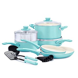 GreenLife Soft Grip Healthy Ceramic Nonstick Turquoise Cookware Pots and Pans Set, 12-Piece