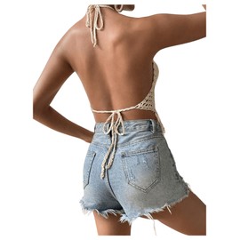 SOLY HUX Women's Crochet Tops Summer Sexy Knitted V Neck Sleeveless Camisole Halter Fringe Crop Top