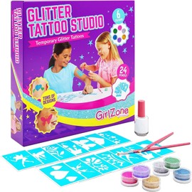 GirlZone 33-Piece Glitter Tattoo Kit for Kids, Skin-Friendly, Includes 24 Stencil Designs, 6 Color Pots, 2 Brushes & Body Adhesive - Glitter Tattoos for Kids