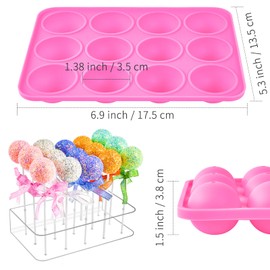 Kucoele Cake Pop Mold Set, Including 15 Hole Clear Acrylic Lollipop Display Stand Holder, 12 Cavity Pink Silicone Cake Pop Mold, Cake Pop Sticks Treats Bags and Twist Ties