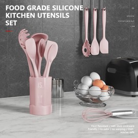AOTHOD Silicone Cooking Utensils Set - 446°F Heat Resistant Kitchen Utensils, Spatula,Turner Tongs,Spoon,Whisk,Kitchen Utensil Gadgets Tools Set for Nonstick Cookware,Dishwasher Safe BPA Free(Pink)