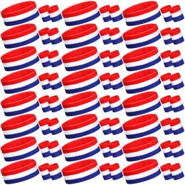 72 Pcs Bulk Striped Sweatband Set Include 24 Pcs Sweat Absorbing Striped Headbands and 48 Pcs Sweatbands Wristbands Cotton Athletic Sweat Bands for Men Women Gym Sports Workout (Red, White, Blue)
