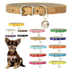 Khaki XXS Cat Collar with Bells PU Leather XXS Dog Collar with Bell for Puppy Adjustable Basic Boys Girls Kitten Collars for XXsmal XS XSmall Tiny Little Extra Small Breed Pets