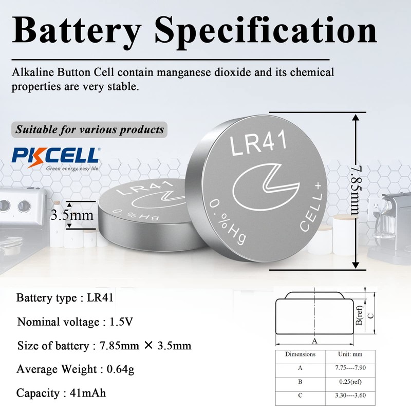 PKCELL AG3 1.5V Battery LR41 392 384 192 Button Alkaline
