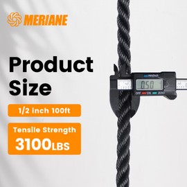 MERIANE Black Twisted Polyethylene Rope 1/2 Inch 100ft - 3100lbs Break Strength, Heavy Duty, Ideal for Outdoor Project, Camping, Marine, Sailing, Swing, Tug of War