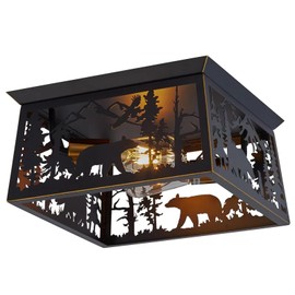 MLGB Rustic Bear Flush Mount Ceiling Light Fixture, Farmhouse Vintage Industrial Metal Cage Light Perfect for Kitchen, Dining Room, Foyer Entryway, Cabin, Loft Lighting (Bulbs not Included)