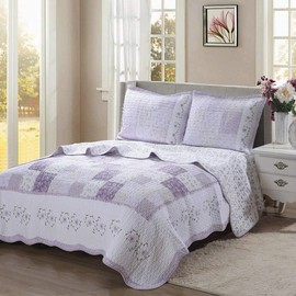 Cozy Line Home Fashions Love of Lilac Bedding Quilt Set, Light Purple Orchid Lavender Chic Lace Floral 100% Cotton Reversible Coverlet, Bedspread (Lilac, Twin - 2 Piece)