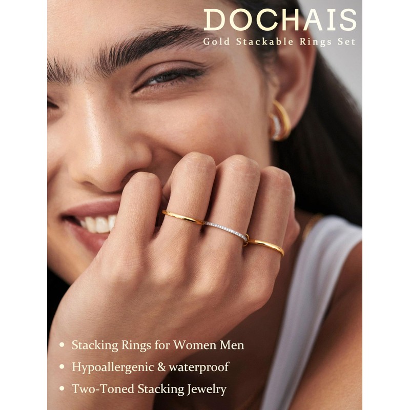 Dochais Gold Stackable Rings for Women Men Non Tarnish, 18k