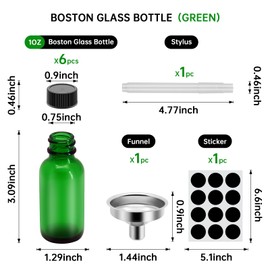 REUJIHXY 6Pcs Green 1 oz Glass Boston Bottles with Black Poly Cone Cap, 30ML Round Glass Bottle for Essential Oil, Perfume and Liquid Boston Round Bottles - UV Rays Protection (6)