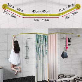 Diamond Shaped Shower Curtain Rod (Both Sides: 17"-25.6",Middle:20"-26) Stretchable True 304 Stainless Bathroom Bathtub Corner Rack Gold