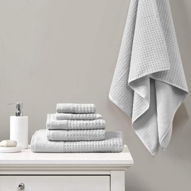 Madison Park Spa Waffle 6 Piece 100% Cotton Towel Set for Bathroom, 2 Bath Towels, 2 Hand Towels, 2 Washcloths, Spa Luxurious Jacquard Waffle Comb Textured Design, Grey, (Model: MP73-5915)