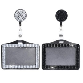 4 Pcs Bling ID Badge Holder, Retractable Crystal Neck Lanyard Rhinestone Name Badge Portable Rhinestone Work Badge Reel Clip for Office Business Home Nurses Black White