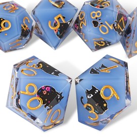 GU BEI TE DND Dice Set, Cute Cat & Flowers Style Sharp Edge Polyhedron Resin Dice for Dungeons & Dragons RPG MTG