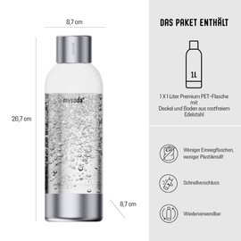 Mysoda: High-quality premium 1 litre water bottle (reusable and BPA-free) for water carbonator, lid and base made of stainless steel, silver