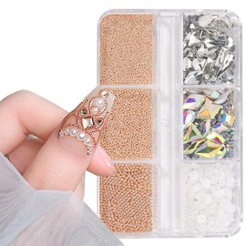 3D Nail Art Charms Rose Gold Nail Micro Caviar Beads Rhinestones for Acrylic Nails Mix Size Multishape AB Nail Rhinestones Nail Crystal Studs Flatback Pearl Kit for Nail DIY Craft Decoration