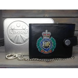 Klassek Corps of Royal Engineers Image Men Chain Wallet Real Leather Cap Badge Emblem Military Crest Insignia RFID Blocking with Coin Pocket and Metal Gift Box