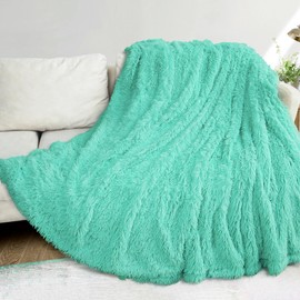 XYYZYZ Super Fluffy Throw Blanket, Faux Fur Fuzzy Blanket for Couch Sofa Bed, 80x90 Inches, Teal Blue