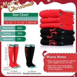 Tarpop 12 Pairs Christmas Naughty or Nice Socks Christmas Knee Sock Black Naughty and Red Nice Sock Unisex Stocking Holiday New Year Xmas High Long Sock for Adults Men and Women