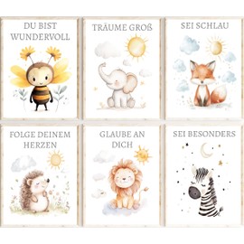 Generisch Dreamy Doodles® Affirmation Poster for Children, Set of 6, Watercolour Forest Animals, 200 g Premium Paper (Matte) DIN A4, Positive Beliefs & Emotions Children's Room Decoration